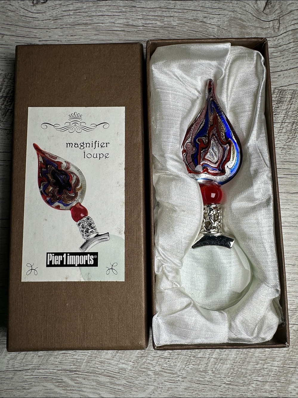 Vintage Pier 1 Blown Glass Magnifier Loupe~ Red, Blue, Silver Swirl - 5" in Box